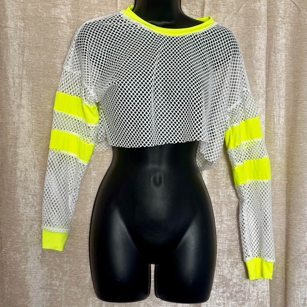 Neon Yellow and White Mesh Crop Top